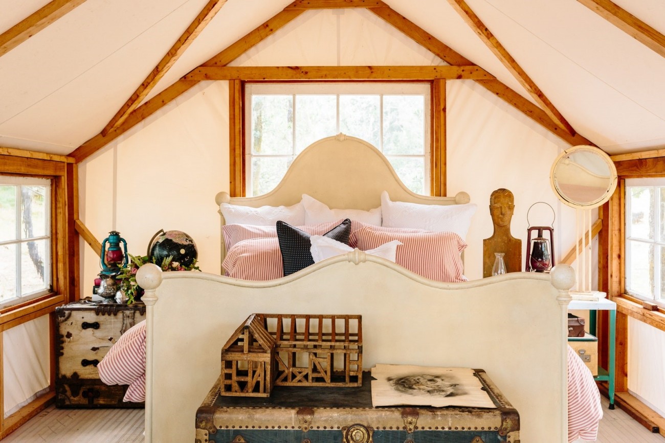 Photographer Alanna Hale captured this rustic guest bedroom at Durham Ranch Ken Fulks Northern California getaway.