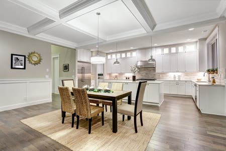 wide-angle shot of brightly-lit dining room