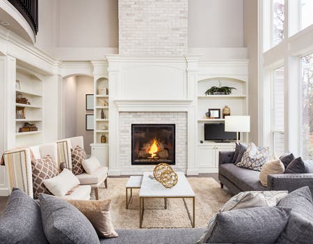 wide living room with muted colors
